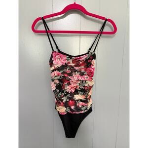 Express Black Floral Pomegranate Mesh Ruched Sleeveless Fitted Bodysuit S